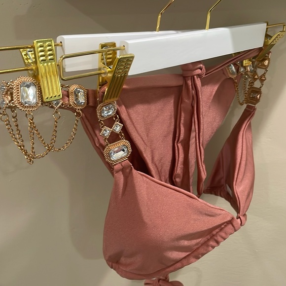 NWT dusty rose rhinestone competition M XL triangle string scrunch jewels bikini - Picture 2 of 16